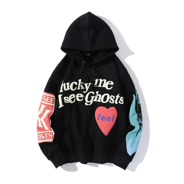 Unisex tröja Kanye Lucky Me I See Ghosts Hoodie Pullover Black XL