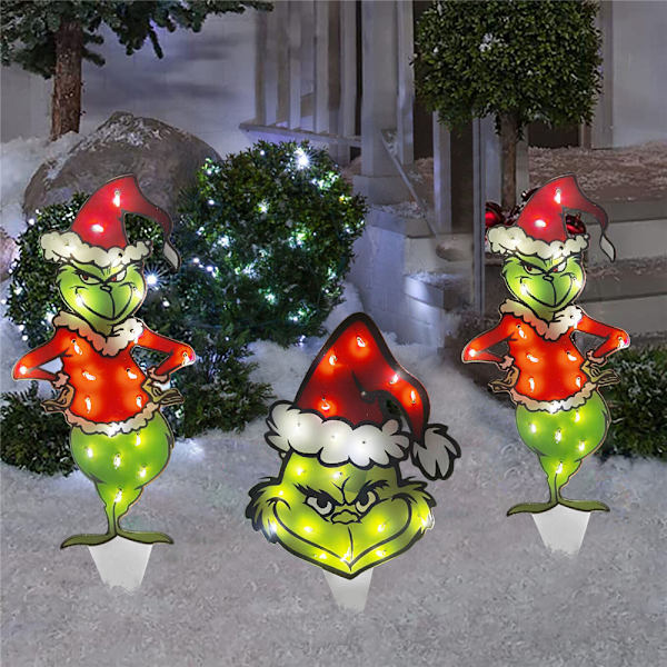 3PCS Jul LED Ljus Grinch Figur Dekoration Trädgårds Prydnader 3PCS