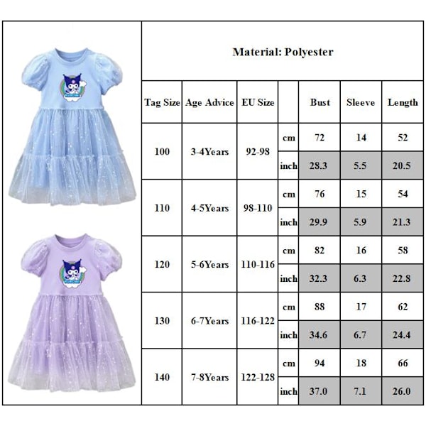 Barnflickor Kuromi Print Prinsessklänning Sommarklänning Fest Kortärmad Casual Sundress Blue 120cm