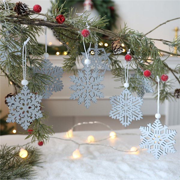 16 st julpynt i trä med snöflingor - vinterdekoration för hemmet, träd, kransar Grey