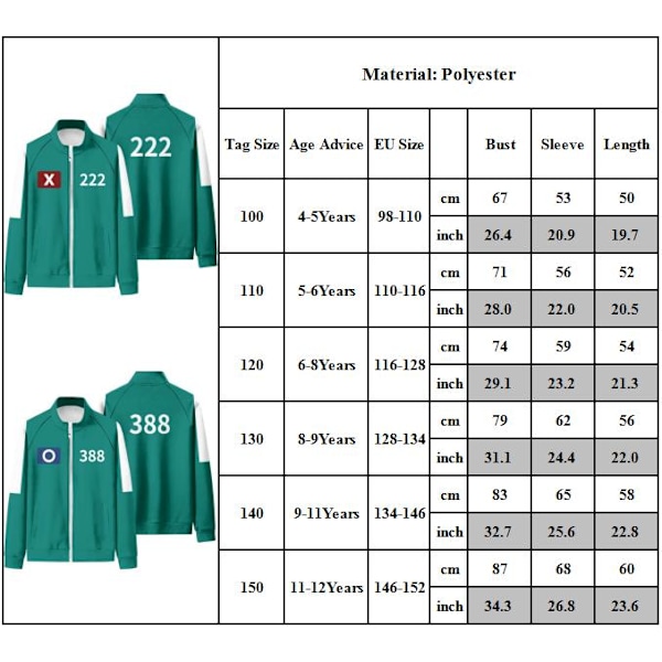 Squid Game Säsong 2 Spelare 001/456/230/222/120/388 Kostym Jacka eller Byxor 4-12 År #222 140cm
