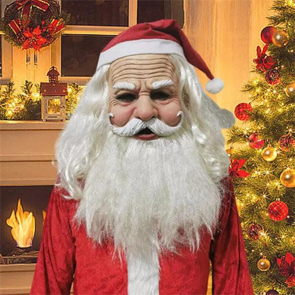 Jultomten Santa Claus Realistisk Latex Mask Helmask med Röd Tomteluva + Skägg