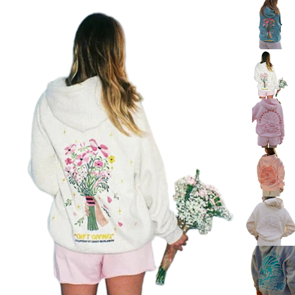 Dam oversized huvtröjor Chasing Sunsets Grafisk tryck Casual Långärmad Lätt axel Pullover topp Apricot M