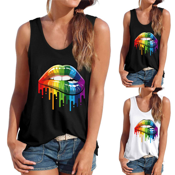 Pride Day Kvinnor Rainbow Lip Spoon Neck Tank Top Ärmlösa T-shirts Sommar Tee Vest Black S