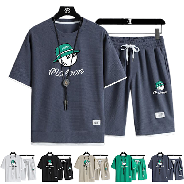 Herrar Walf Rutiga Sommar Casual Tracksuit Kortärmad Topp & Shorts Sportset Utomhus Träning Bomulls T-shirts Shorts Sportkläder Green XL