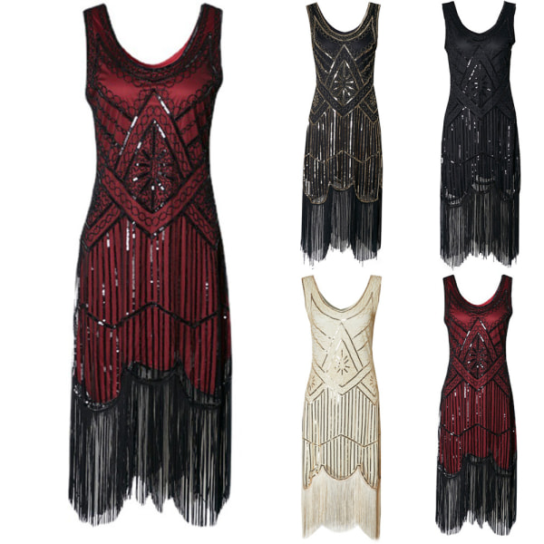 Vintage för kvinnor ärmlös klänning 1920-talets paljettpärlor Black red M
