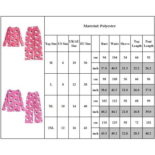 Hello Kitty Pyjamas Dam Set med Tryckta Toppar och Byxor - Sömnkläder, Nattkläder, Loungewear Pink 2XL