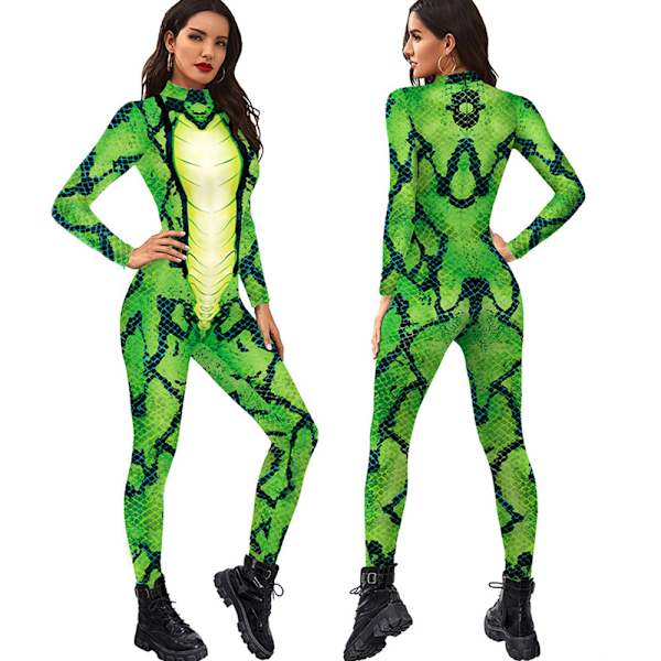 Dam Grön Orm Djurtryck Catsuit Kostym Cosplay Party Jumpsuit Bodysuit Skinny S-XL XL