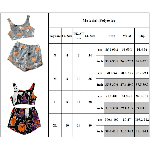 Dam Pyjamas Set med Fuzzy Flanellväst + Shorts för Halloween - Glöd i Mörkret Orange XL