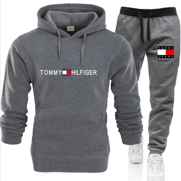 Tommy Hilfiger Herr Casual Tracksuit Set Hoodie Jogging Joggers Gym Sport Outfit Dark Grey M