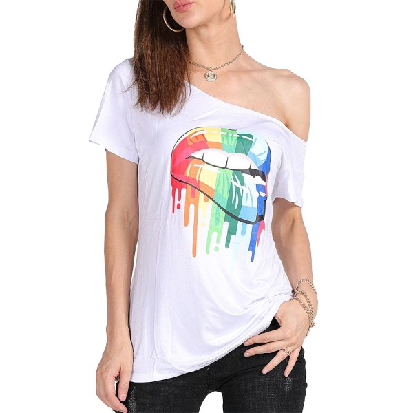 Dam Rainbow Lips Kortärmad T-shirt Summer Basic Tee Tops B 3XL