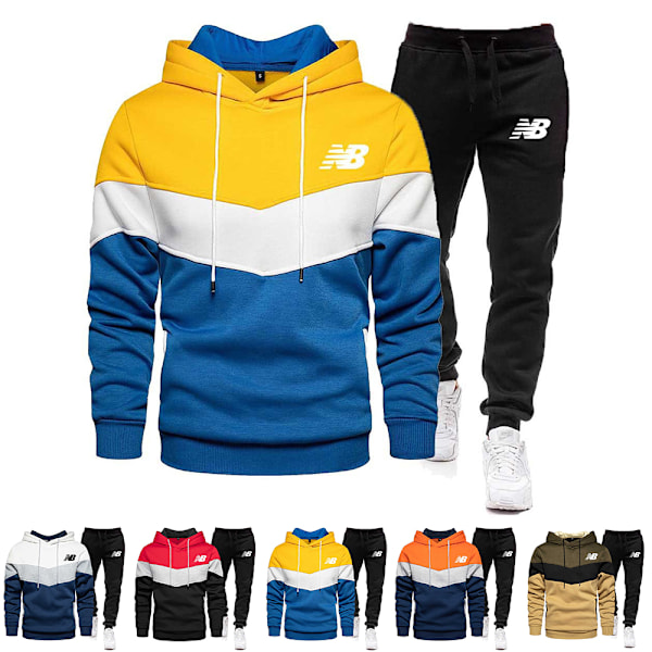 NB Herr Sport Hoodie Tracksuit Set Långärmad Hoodie Sweatshirt Jacka + Joggingbyxor Sweatpants Outfit Yellow 3XL