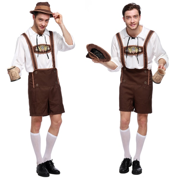 Tyska Oktoberfest Beer Men Bayerska Lederhosen Hat Shirt Set L