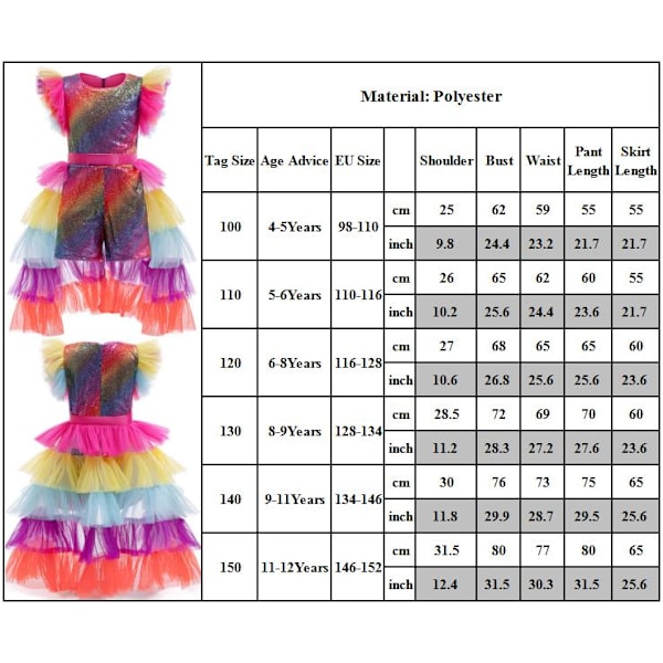 Regnbågskarnevalskostym för flickor 4-12 år, glittrande paljett-tutu-outfit för födelsedag 140cm