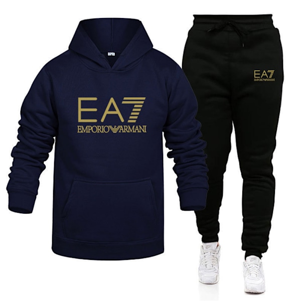 EA7 Herr Sport Hoodie Tracksuit Set Långärmad Hoodie Sweatshirt Jacka + Joggingbyxor Sweatpants Outfit Fickor B M