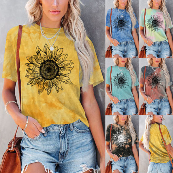 Dam Sunflower Tie Dye Lös T-shirt Kort ärm