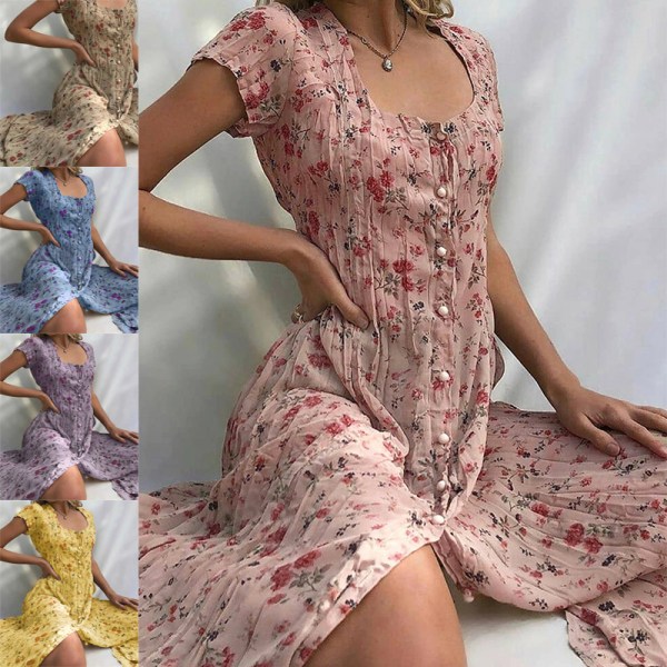 Kvinnors vintage Boho blommig klänning strandklänning