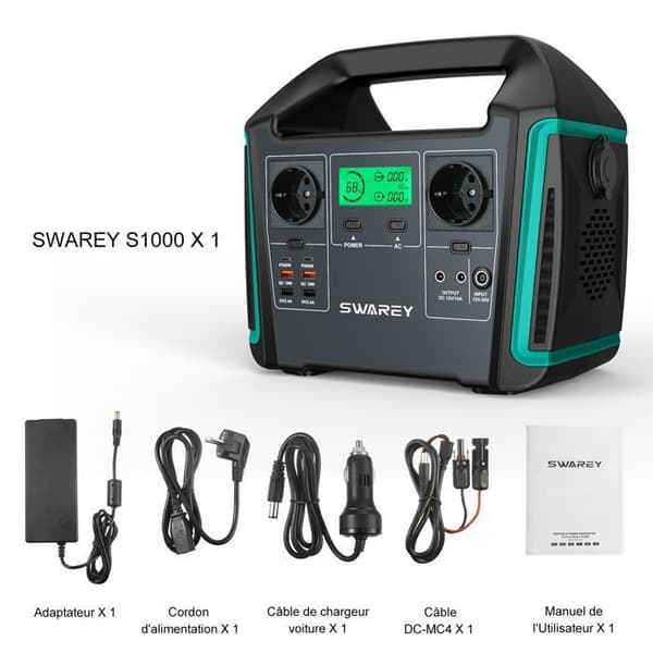 SWAREY 1000W bärbar elektrisk generator med hopfällbara solpaneler 100W solgenerator Extra lång drifttid Grön