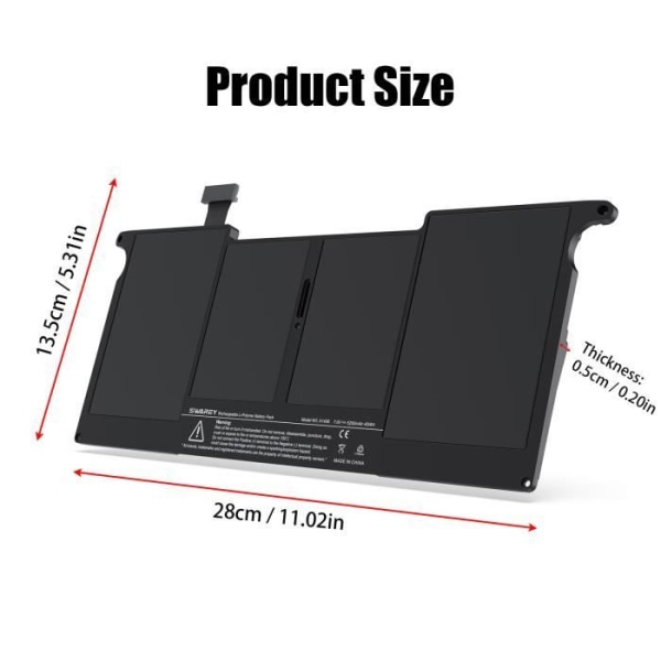 A1406 Ersättningsbatteri för bärbar dator - 7,6V/4950mAh, kompatibel med Apple A1406 A1465 A1495 A1370 (mitten av 2011) Svart