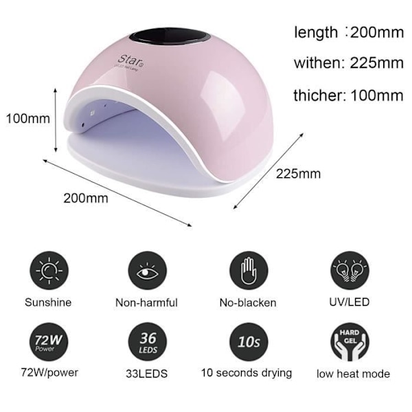 UV LED nageltorklampa, 72W professionell nageltork med LCD-skärm och automatisk sensor / 4 timerinställningar Vit