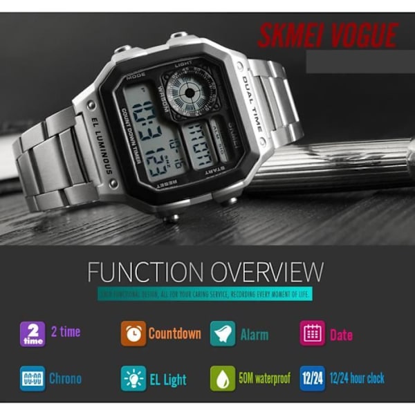 Herre digitalur 50M vandtæt LED digitale armbåndsure udendørs sport rustfrit stål med alarm stopur
