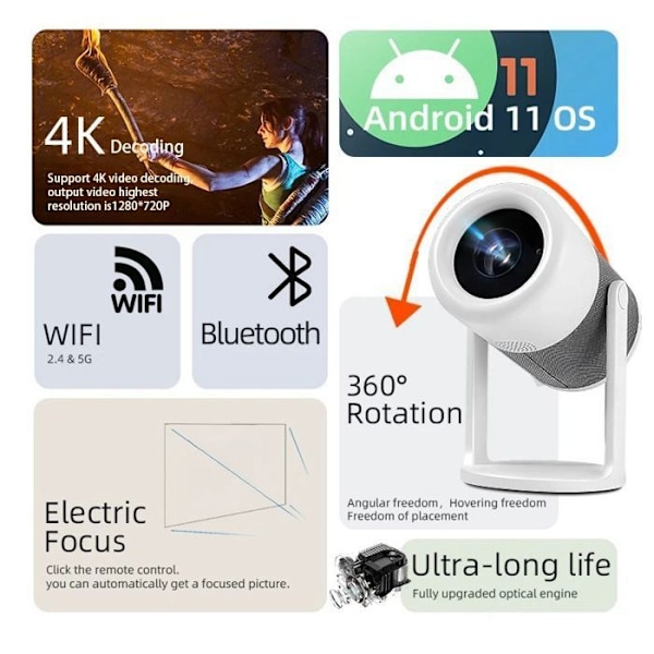 Mini Bärbar HD-projektor Android 11 270° Roterbar HIFI-högtalare Fjärrkontroll Wi-Fi 6 Bluetooth 150 ANSI Vit