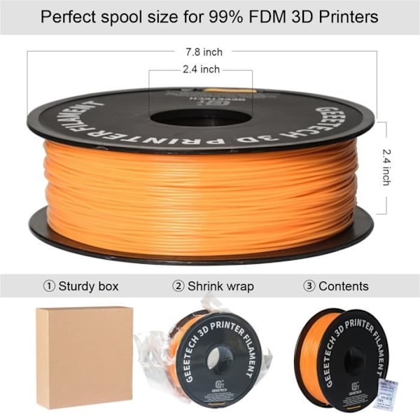 GEEETECH Orange 3D PLA-filament 1,75 mm 1 kg ledning til 3D-printer, 1 kg 1 spole, 0,02 mm høj præcision