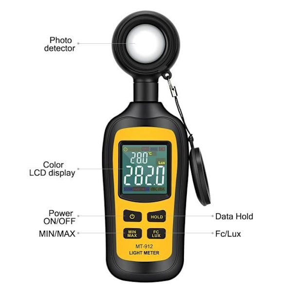 2 stk. Luxmeter Digital Lysmåler Bærbar Lystester Temperaturmåler 200.000 Lux LCD-skærm svart och gult