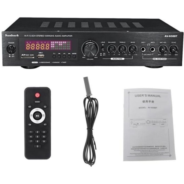 HIFI-förstärkare 2000W 220V ljudeffektförstärkare BT Stereo USB SD FM LED Svart