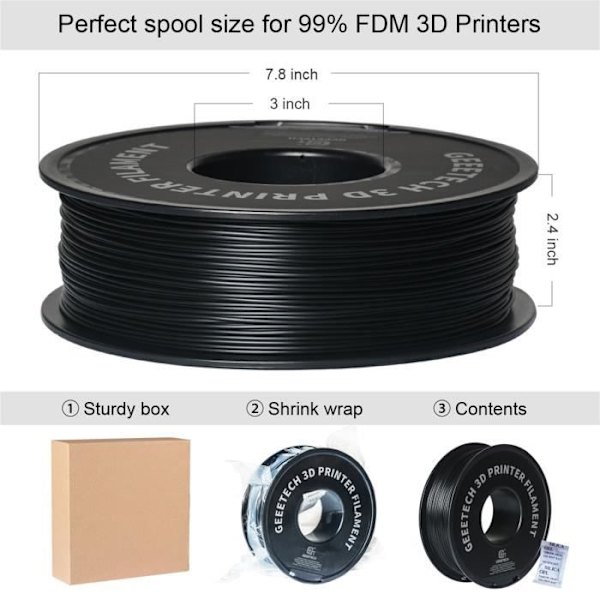 GEEETECH Sort 3D PLA Filament 1,75 mm 1 kg til 3D-printer, 1 kg 1 spole, 0,02 mm høj præcision