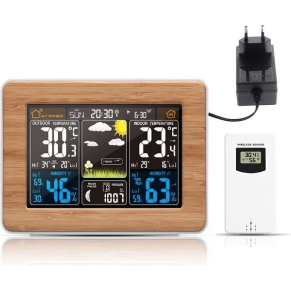Väderstation i trä Trådlös vädersensor Väderprognos LCD-färgskärm Tid + väckarklocka EU-kontakt