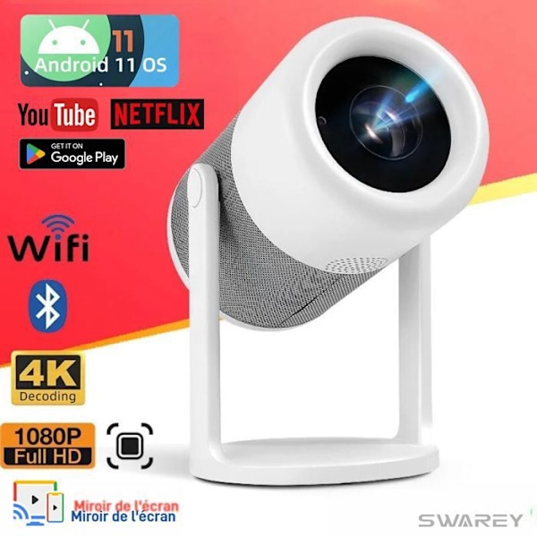 Mini Bärbar HD-projektor Android 11 270° Roterbar HIFI-högtalare Fjärrkontroll Wi-Fi 6 Bluetooth 150 ANSI Vit