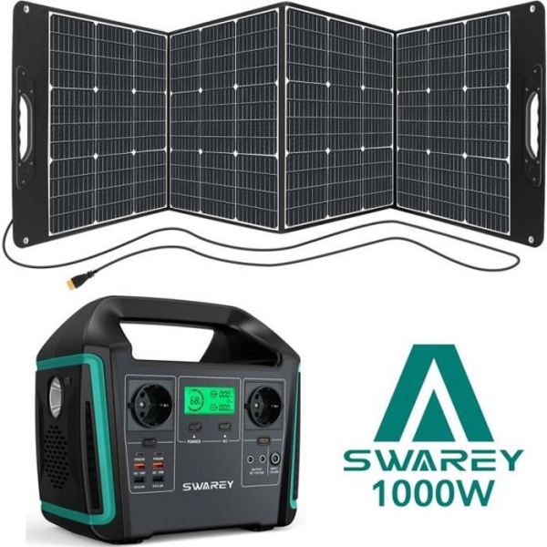 SWAREY Portable Solar Generator 1000W (1500W Peak) med 200W Solpanel High Power Generator 220V grön