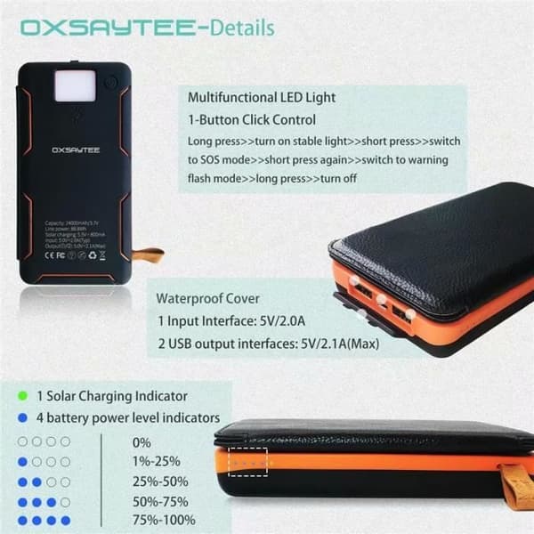Solcelleoplader - OXSAYTEE - 24000mAh - 3 Solpaneler - 2 USB-porte - LED inkluderet