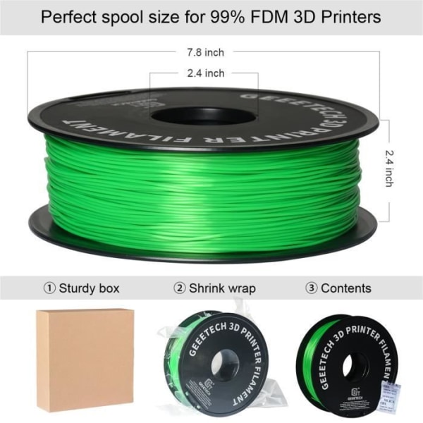 GEEETECH Green PLA 3D Filament 1,75 mm 1 kg tråd för 3D-skrivare, 1 kg 1 spole, 0,02 mm hög precision