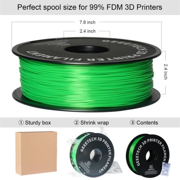 GEEETECH Grøn 3D PLA-filament 1,75 mm 1 kg ledning til 3D-printer, 1 kg 1 spole, 0,02 mm høj præcision