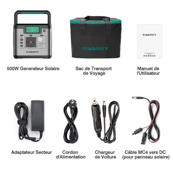 SWAREY Bærbar Solar Generator 500W (1000W Peak) 220V Kraftig Elektrogengenerator 220V 518Wh 144000mAh grå