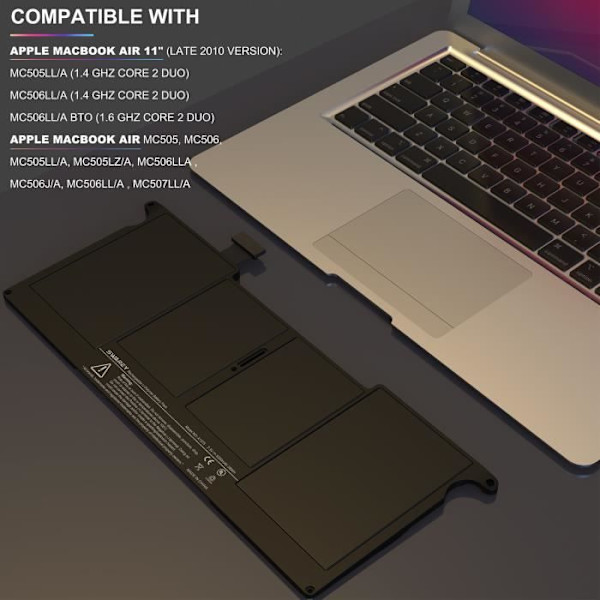 7,3V 5200mAh Li-Polymer-batteri kompatibelt med Apple MacBook Air 11" (sen 2010-version) A1375 A1370 (sen 2010) MC505LL/A svart