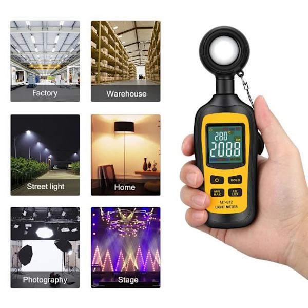 2 stk. Luxmeter Digital Lysmåler Bærbar Lystester Temperaturmåler 200.000 Lux LCD-skærm svart och gult