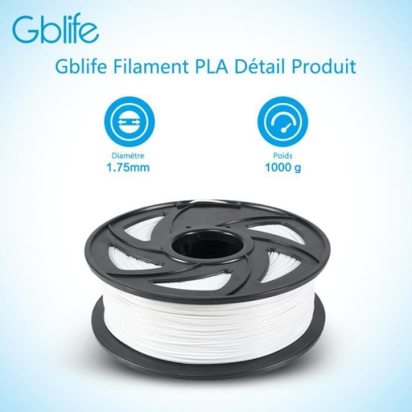 PLA 3D-skrivarfilament 1,75 mm 1KG Vit - GBlife - Utmärkt utskriftskvalitet och glänsande finish