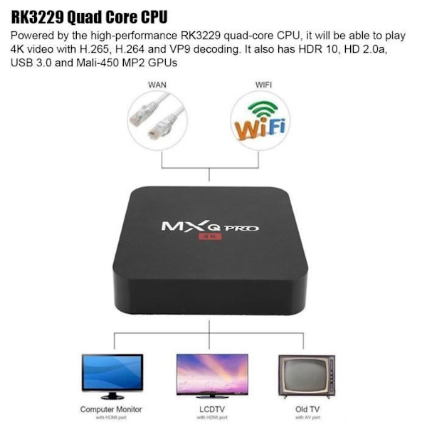 MXQ PRO 4K Smart TV Box RK3229 1+8G WiFi BT STB HD Smart Media til Android 7.1 (EU-stik) - KOE