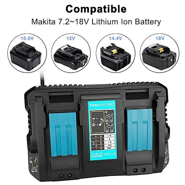 Ersättningssnabbladdare för dubbla 14,4V till 18V Makita Li-ion batteri BL1830 BL1850 BL1815 BL1860 elverktyg Svart