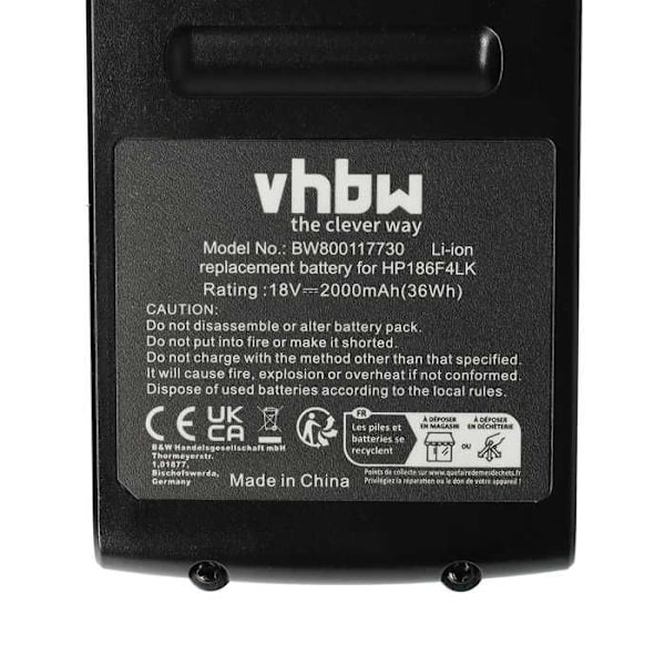 vhbw Udskiftningsbatteri til Black & Decker BL1318, BL1518, BL2018, BL4018 til elværktøj (2000mAh Li-ion 18 V) Svart