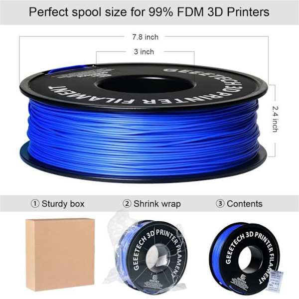 GEEETECH Blue PLA 3D Filament 1,75 mm 1 kg tråd för 3D-skrivare, 1 kg 1 spole, 0,02 mm hög precision