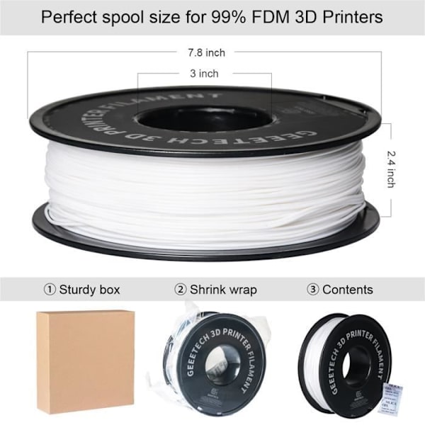 GEEETECH Vit PLA 3D Filament 1,75 mm 1 kg tråd för 3D-skrivare, 1 kg 1 spole, 0,02 mm hög precision