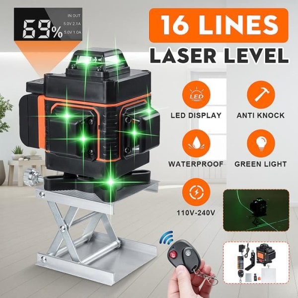 4D 16 linjer grön lasernivå Automatisk 360° rotation korsfjärrkontroll