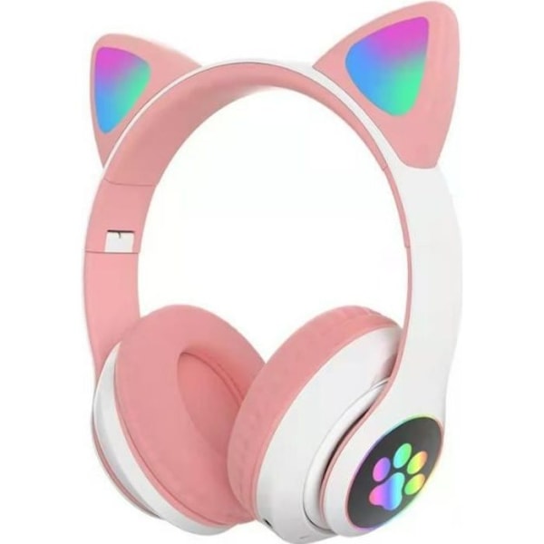 Bluetooth-hörlurar för flickor Cat Ear, hopfällbara stereohörlurar med LED-ljus / PS4 / PC / Tablet / TV (rosa + vit)