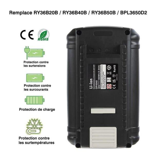 Kompatibelt batteri 36V 5,0Ah til RYOBI 36V MAXPOWER havemaskiner, erstatter RY36B20B / RY36B40B / RY36B50B / BPL3650D2 Grå
