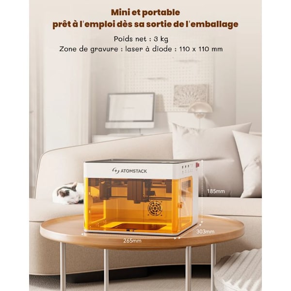 AtomStack P1 Maskiner Gravure Laser Hobby 5W Gratis Kontrol APP Gravure Zone 110 x 110 mm, Hastighed 10000 mm/min Vit