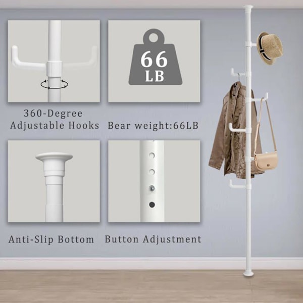 Garder til stående garderobe 2-3m Højdejusterbar 360 graders rotation Maksimal belastning på 120 kg Hvid